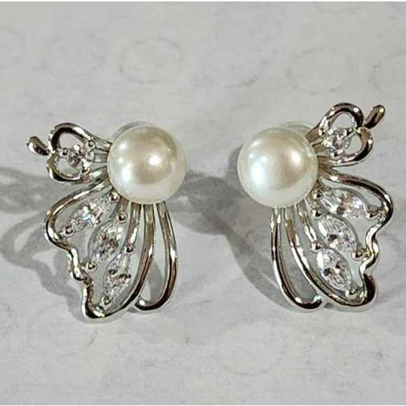 925S White Cultured Freshwater Pearl Butterfly Earrings - Picture 4 of 16